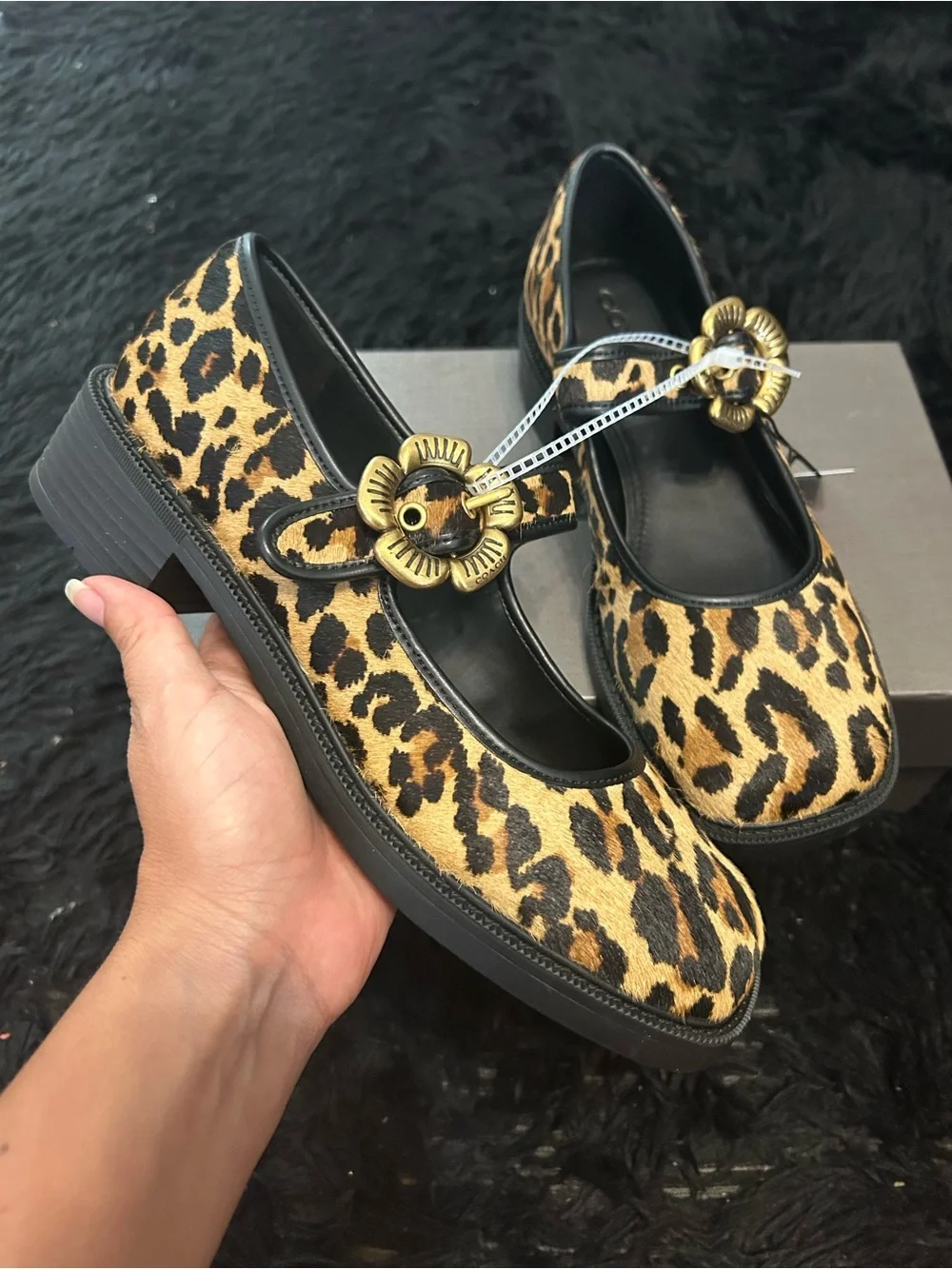 COACH Mary Jane animal print gold flower buckle shoes women’s 7.5 new
